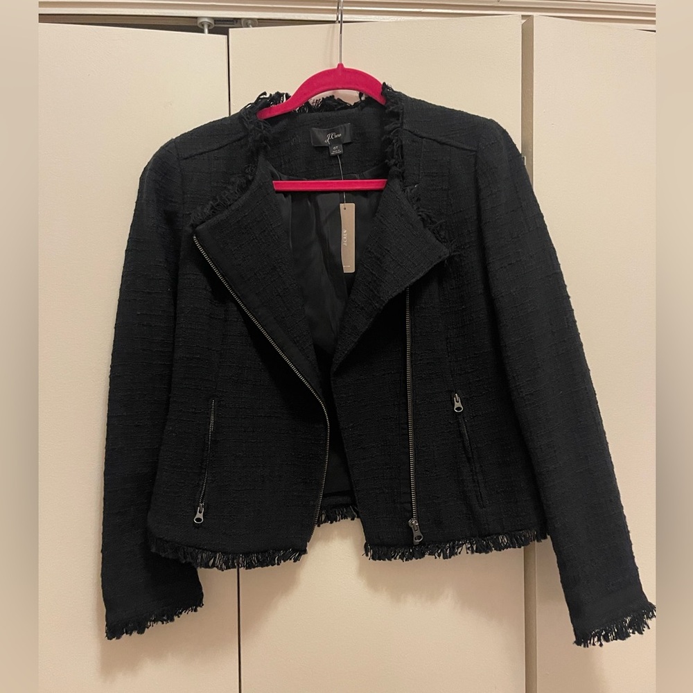 J. Crew Black Fringed Cotton Tweed Motorcycle Jacket Asymmetric Zipper NWT-6T
